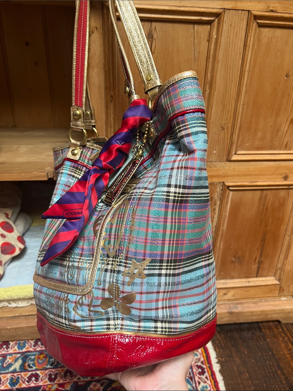 Coach 15887 Poppy Tartan Bella Bucket Tote - Picture 5 of 13